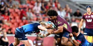 Zane Nonggorr takes on the Melbourne Rebels defence in last season’s round one Super Rugby Pacific match at Suncorp Stadium.