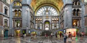 Famous Art Deco interior of central hall Antwerp main station.