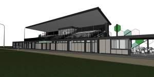 An artist’s impression of a new grandstand at the North Turramurra Recreational Area,which has provoked strong opposition from some residents,sports groups and local councillors.