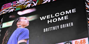 The scoreboard during an NBA game between the Houston Rockets and the San Antonio Spurs welcomes the release of WNBA star Brittney Griner.