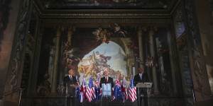 UK Defence Secretary John Healey,centre,US Secretary of Defence Lloyd Austin,right,and Australian Defence Minister Richard Marles,left,speak during a press conference at the AUKUS Defence Ministers Meeting at Old Royal Naval College,Greenwich.