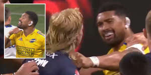 Ardie Savea scraps with Carter Gordon earlier this year,which led to the throat-slitting gesture.