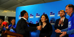 John Pesutto congratulates Nicole Werner on her win in the Warrandyte byelection on Saturday night.