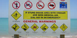 The number of warnings are overwhelming on a sign at Cable Beach,near Broome.