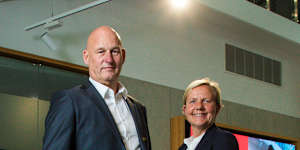 Super Retail Group’s incoming CEO Paul Bradshaw and chairwoman Judith Swales at the company AGM in Brisbane on Thursday.