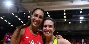 Geva Mentor (England) and Ash Brazill (AUstralia) were Super Netball teammates at Collingwood,but rivals at the World Cup on Sunday in Cape Town.