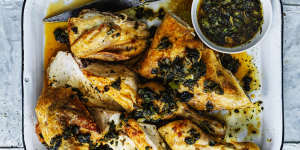 Butterflied chicken with wilted herbs,soy and honey dressing.