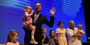 NSW Premier Dominic Perrottet with his family at the Liberal party campaign launch,where he unveiled the future fund policy.