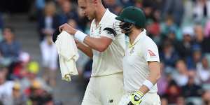 Contretemps:Steve Smith has words with Stuart Broad at the end of his over.