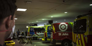 Ambulances “ramping” at the Royal Melbourne Hospital last month.