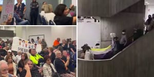 Screenshots taken from footage of protests at a meeting of City of Monash council on Wednesday night.