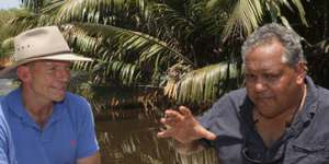 Floating ideas … Noel Pearson with Tony Abbott on the Morgan River in Queensland last year.