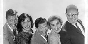 The cast of The Dick Van Dyke Show:Dick Van Dyke,Mary Tyler Moore,Morey Amsterdam,Rose Marie and Richard Deacon.