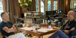 Bruce Springsteen appears with former President Barack Obama during their podcast of conversations recorded at Springsteen’s home studio in New Jersey. 