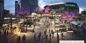 An artist’s impression of the Brisbane Live entertainment precinct above the new Roma Street station. 
