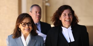Journalist Lisa Wilkinson (left) and her barrister Sue Chrystanthou,SC,leave the Federal Court in Sydney on Friday.