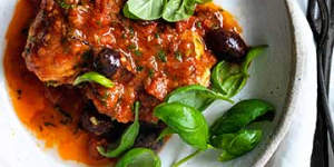 Provencal chicken with tomato and olive sauce.