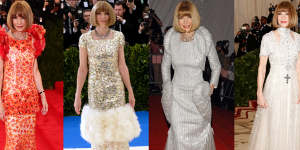 Which gown will it be? Anna Wintour (from left) at the 2015,2017,2008 and 2018 Met Gala.