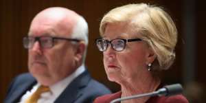 Gillian Triggs and former senator George Brandis (later High Commissioner to the UK from 2018 to 2022) during budget estimates at Parliament House in May 2017.