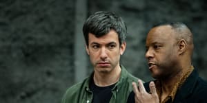 Nathan Fielder,left,with his first participant/patsy/victim,Kor Skeete,in The Rehearsal.