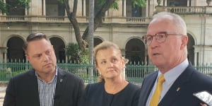 Retiring mayors Karen Williams (Redlands) and Mark Jamieson (Sunshine Coast) with Brisbane Lord Mayor Adrian Schrinner (left).