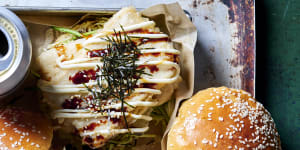Tempura tofu okonomiyaki burgers.