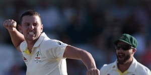 Josh Hazlewood celebrates taking the wicket of Joe Denly.