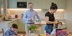 Chris and Maylynne Nunn with children Frankie and Axel in their new home in Asquith in Sydney’s north. The first Green Star accredited home in Australia,it was built to cut heating and cooling bills with double glazing,solar power,heat transfer and air purification.