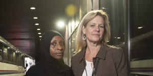 Team TLC NYC volunteer Ilze Thielmann and immigration activist Adama Bah at New York’s Port Authority Bus Terminal,where they greet migrants arriving from the southern border.