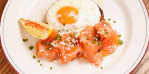 House-cured salmon,potato blini and fried egg.
