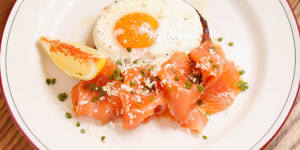 House-cured salmon,potato blini and fried egg.