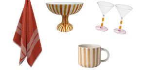 “Dual Dash” bath sheet;fruit bowl;“Paloma” cup;martini glasses.