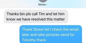 Text exchange between mango farmer Binh Minh and Remagen’s Simon Raftery,who was a director of Aussie Frozen Fruit. Raftery was confirming Binh would be paid. He wasn’t.