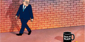 Jim Pavlidis illustration for the Sean Kelly column on the opinion page to be published on February 7,2022. Scott Morrison Back In Black