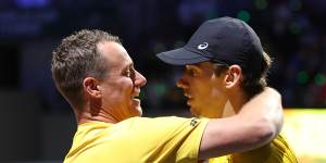 Hewitt celebrates Alex de Minaur’s Davis Cup semi-final match win in November.