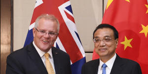 Australian Prime Minister Scott Morrison with the Premier of the People's Republic of China Li Keqiang during a bilateral meeting ahead of the ASEAN East Asia Summit in Bangkok.