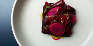 Blood cake,pickled beetroot and rosemary oil.