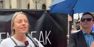 Holly Lawford-Smith addresses the March 18 Let Women Speak rally,an event now notorious for the presence of neo-Nazis.