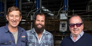From left:Tasmanian dairy farmer Richard Gardner,who trialled a Sea Forest supplement at his property,Sam Elsom and business partner Stephen Turner.