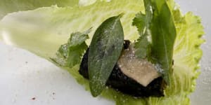 MELBOURNE,AUSTRALIA - MAY 19:The Vietnamese blood pudding with ginger and cosberg served at Anchovy Asian fusion restaurant in Richmond on May 19,2015 in Melbourne,Australia. (Photo by Wayne Taylor/Fairfax Media)