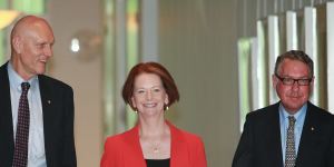 Education Minister Peter Garrett,Prime Minister Julia Gillard and David Gonski at the release of his review at Parliament House in 2012.
