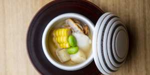 Chawanmushi with dried scallop,sweet corn,lily flower root,potato and edamame.