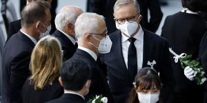 Prime Minister Anthony Albanese was joined by Tony Abbott,John Howard and Malcolm Turnbull at the state funeral. 