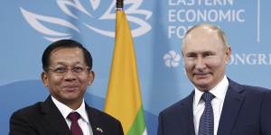 Myanmar junta chief Min Aung Hlaing meets with Russia’s Vladimir Putin in Vladivostok in September.