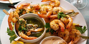 Barbecue prawns with two brilliant sauces.