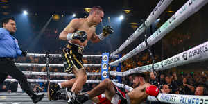 Tim Tszyu takers care of Carlos Ocampo on the Gold Coast in June.