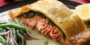 Salmon and spinach en croute with dill creme fraiche..