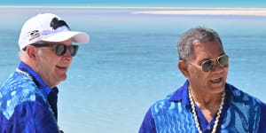 Australia’s Prime Minister Anthony Albanese and Tuvalu’s Prime Minister Kausea on One Foot Island after Leaders’ Retreat during the Pacific Islands Forum. 