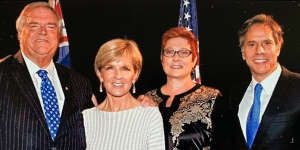 Then-defence minister Marise Payne with foreign minister Julie Bishop and ambassador to the US Kim Beazley meeting with Tony Blinken in Washington in 2015.