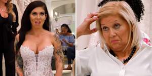 Cami reluctantly tries on a white wedding gown